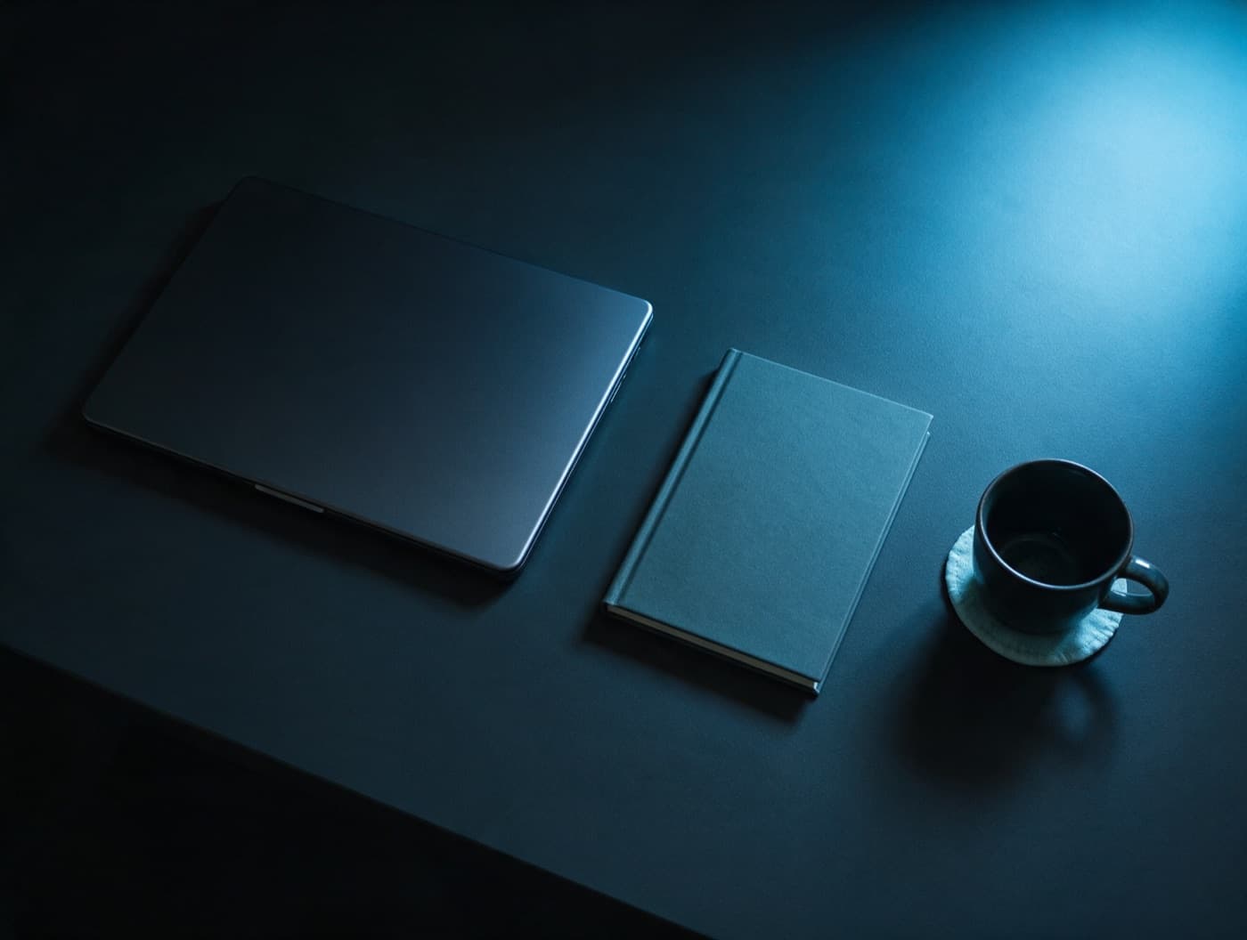 Uma mesa de trabalho escura vista de cima, com um notebook fechado, uma caderneta e uma xícara